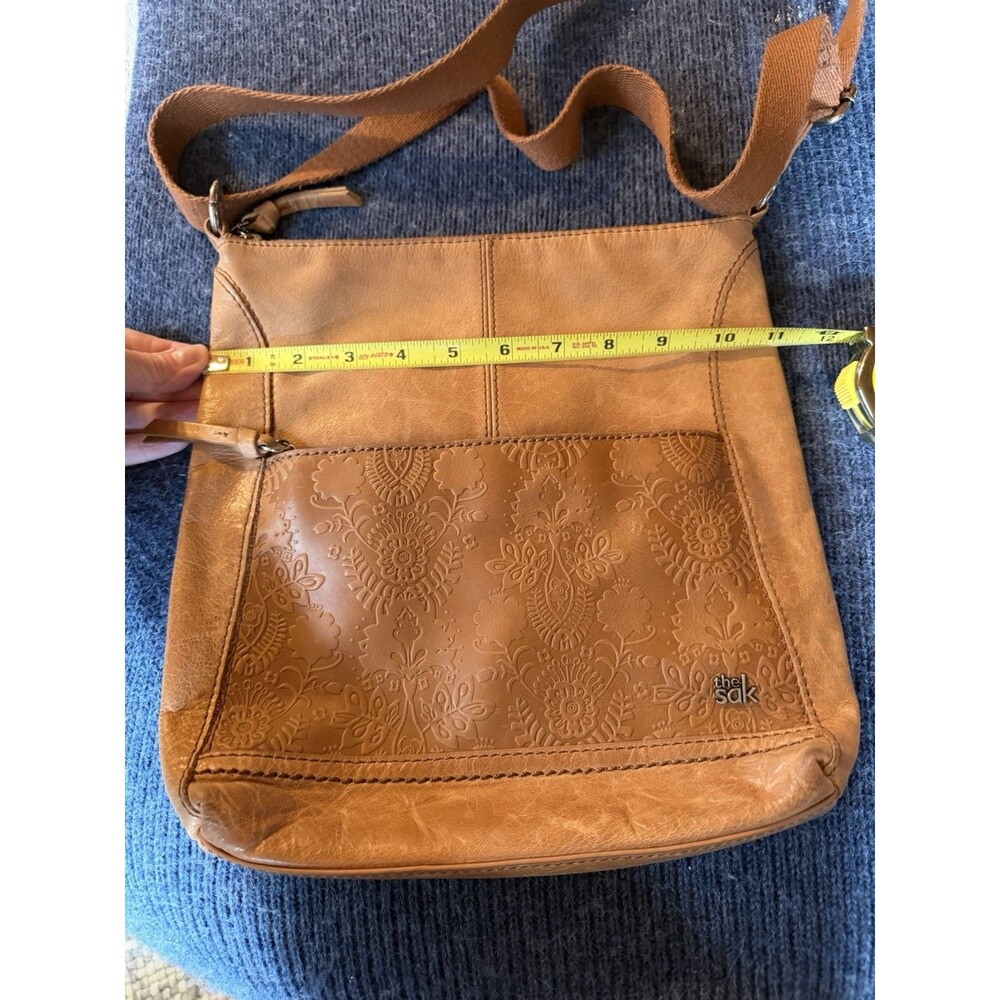 The Sak Iris Tan Brown Leather Tooled Embossed Adjustable Crossbody Shoulder Bag - Picture 12 of 13